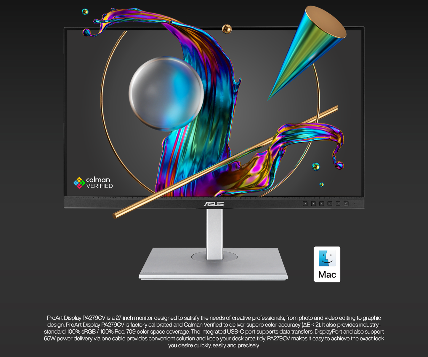 ASUS ProArt PA279CV Display 27 Inch 4K HDR UHD 3840 x 2160 Monitor IPS 100% sRGB Rec. 709 USB-C DisplayPort HDMI USB Hub Calman Verified Tilt Pivot Swivel Height Adjustable